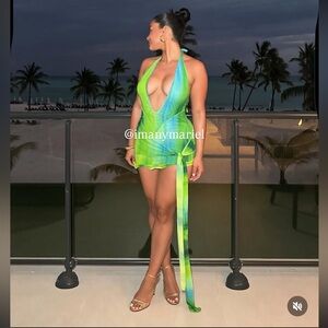 Vibrant Green and Blue Halter Dress